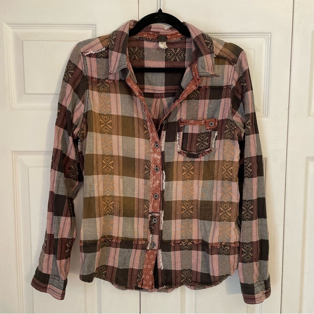 Free People Patchwork Plaid Button Down Long Sleeve Top Medium
